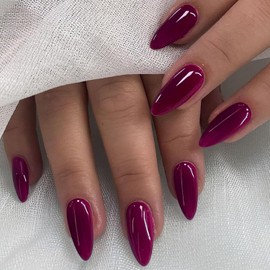 YOSOMK Dark Red Acrylic Press on Nails Almond Medium Fake Nails Press Ons Full Cover Glue on False Nail Bright Surface Designs Artificial Stick on Nail for Women