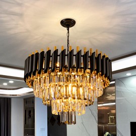 Aixialin 7-Light Modern Crystal Chandelier 20" Dining Room Light Fixtures 4 Tiers Flush Mount Smoke Grey and Gold Chandelier Round Chandeliers for Dining Room Living Room Kitchen Entryway Foyer