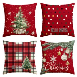 AVOIN colorlife Merry Christmas Trees Snowflake Star Throw Pillow Covers, 18 x 18 Inch Xmas Balls Red Polka Dot Plaid Seasonal Hello Winter Holiday Cushion Case Decoration for Sofa Couch Set of 4