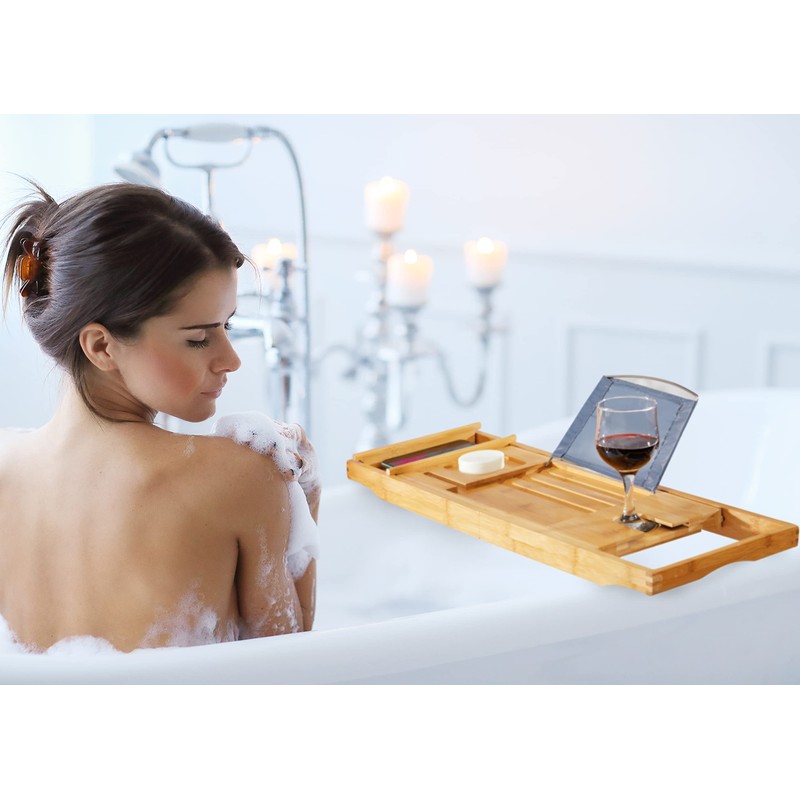 RoyalHouse Bamboo Bathtub Caddy Tray, Expandable Bath Table Over Tub