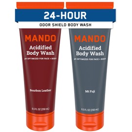 Mando Acidified Body Wash - 24 Hour Odor Control - Removes Odor Better than Soap - Formulated without SLS or Phthalates - Skin Safe - 8.5 Ounce (Pack of 2) - Bourbon Leather and Mt Fuji
