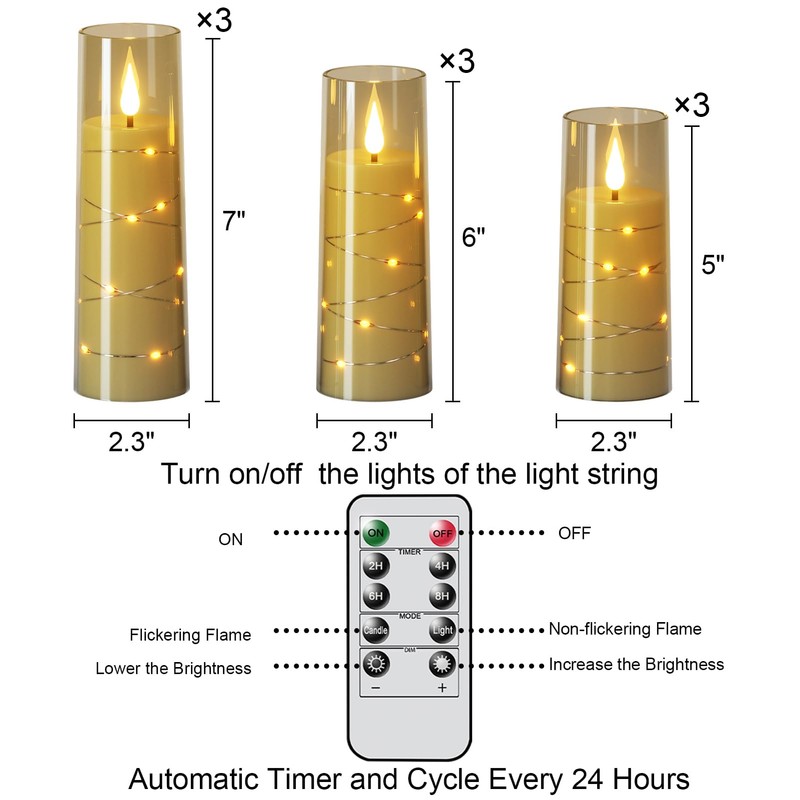 Wondise Flameless Flickering Candles with Embedded Star String Remote and