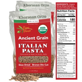 Papa Vince Organic Whole Wheat Non Enriched Orzo Pastina: Low Gluten Italian Pasta made in Italy from Organic Non GMO Khorasan Ancient Grain grown in Sicily. Slow Dried Bronze Die Cut. High in Selenium & Zinc