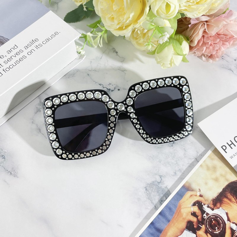 Geopty 20 Pack Black Oversized Square Crystal Rhinestone Sunglasses Bulk,