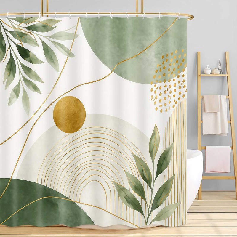 DYNH Sage Green Shower Curtain, Modern Abstract Gold Leaves Bathtub