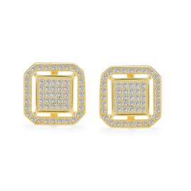 Geometric Rounded Square Double Box Cubic Zirconia Pave CZ Stud Earrings For Men Gold Plated .925 Sterling Silver