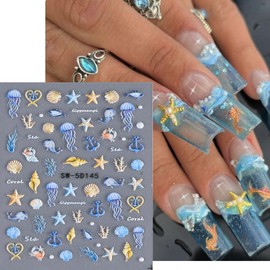 2 Sheets Summer Marine Life Nail Decals 5D Self Adhesive Fish Shell Seahorse Jellyfish Starfish Nail Design Stickers Embossed Blue Gold Nail Stickers for Women Summer Ocean Theme Manicure Supplies