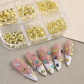 JFIYUOMCI 2 Boxes Ocean Gold Nail Charms - Starfish, Seashell, Star, Moon, Beach Nails Art Designs Jewelry, 3D Nail Rhinestones and Gems Metal Studs Metal Studs for Summer Manicure DIY Decorations
