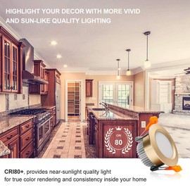 YGS-Tech 2 Inch LED Recessed Lighting, Dimmable Downlight 3W(35W Halogen Equivalent), 2700K Ultra Warm White Ceiling Light, CRI80, Gold Trim with LED Driver(4 Pack)