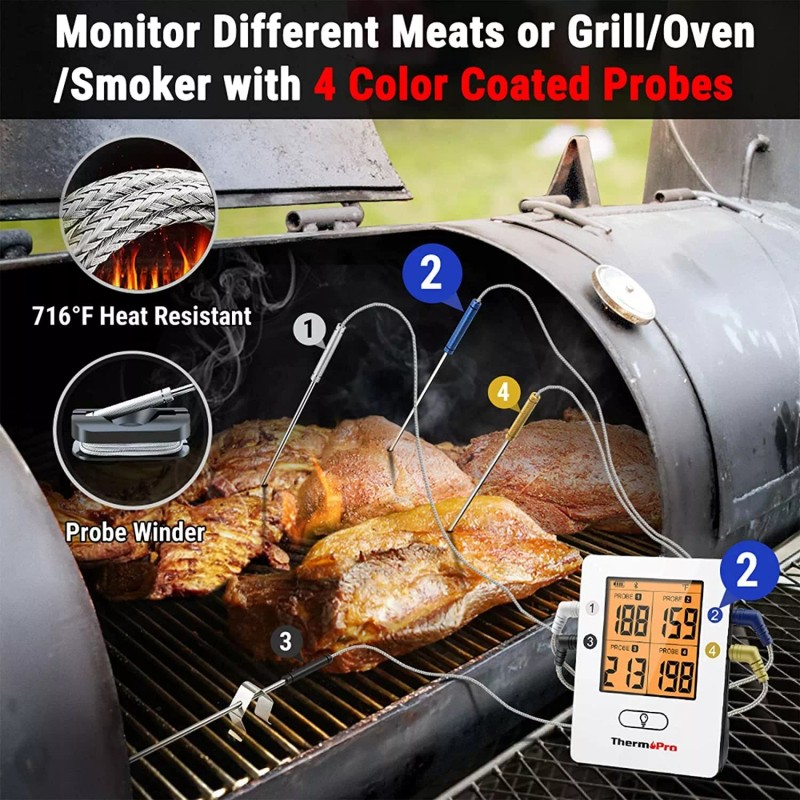 ThermoPro Bluetooth Meat Thermometer w/ 4 Probes, Rechargeable w/ Alarm