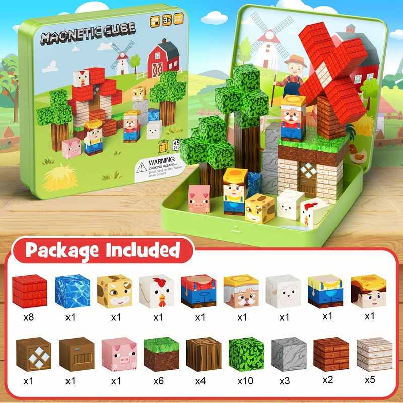 Magnetic Building Blocks, Farm Theme STEM Mini Magnet Travel Cubes