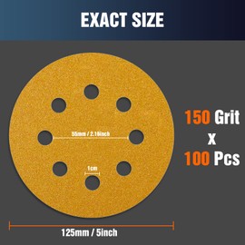Sandpaper 125 mm Velcro Sanding Discs 150 Grit 8 Holes Pack of 100 for Random Orbital Sander Sanding Machine Polishing Machine
