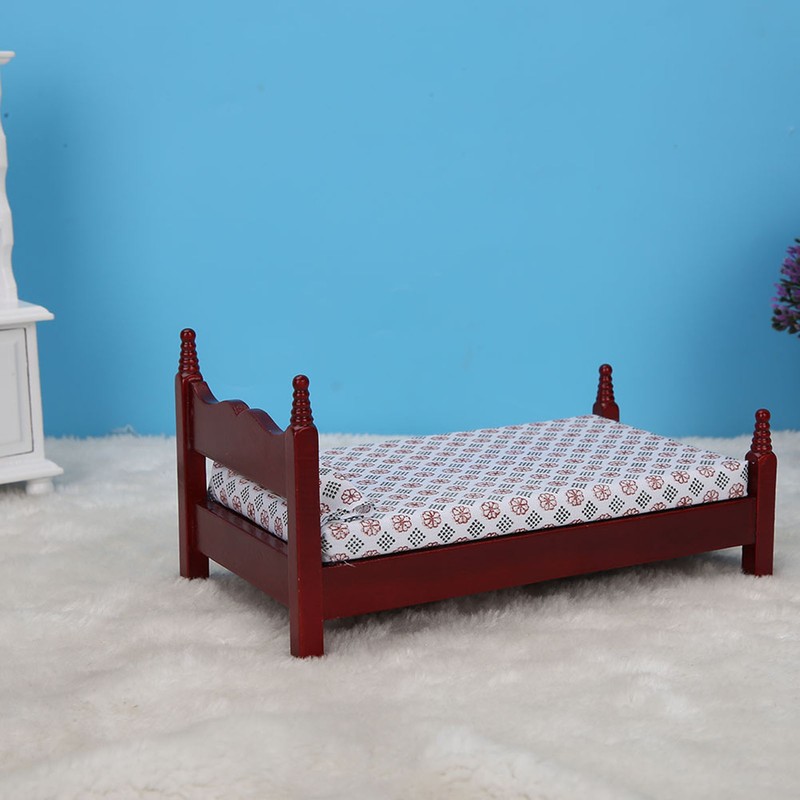 1:12 Doll House Mini Red Wooden Single Bed Furniture Accessory