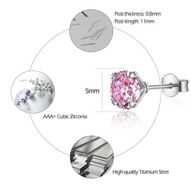 CERSLIMO Silver Earrings for Women Girls - Titanium Earrings with 5mm Cubic Ziirconia, Hypoallergenic Earrings | Small Silver Round Diamond Stud Earrings Cartilage Tragus Sleeper Earrings, Pink