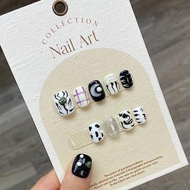 10 Pcs Handmade Press on Nails for Women Girls,Glossy Extra Short Square Round Aesthetic Layered Gel UV Fake Nails,3D Designer Glue on Flase Nails,Hand-painted by Manicurist,Kawaii Cute Holiday Nails