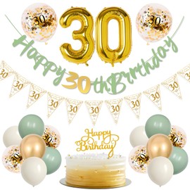 TOPWAYS 30th Birthday Decoration Women Men, Sage Green Gold 30th Birthday Decorations Happy 30th Birthday Banner 30th Birthday Balloons for Women Men 30th Birthday Party Decorations (Birthday 30)