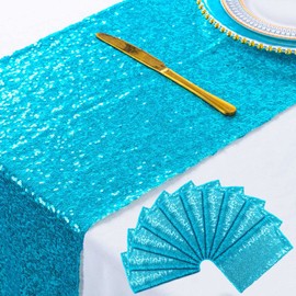 ShiDianYi Turquoise Table Runners 10Pcs 12x72 Inch Sequin Table Runner Bridal Shower Decorations Aqua Blue Party Supplies Glitter Fabric Runner for Table Birthday Wedding Decor