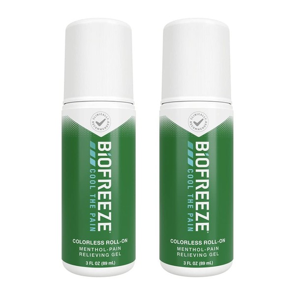 Biofreeze Roll-On Pain-Relieving Gel 3 FL OZ, Colorless (Pack Of 2) Topical Pain Reliever For Muscles And Joints From Arthritis, Backache, Strains, Bruises, & Sprains (Package May Vary)