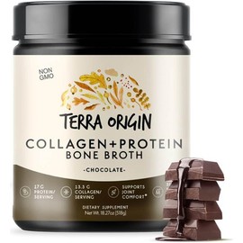 Terra Origin Collagen Protein Bone Broth Powder: 17g protein, supports hair, skin, nails, joints. Natural collagen, non-GMO, 20 servings. - Flavor: Chocolate