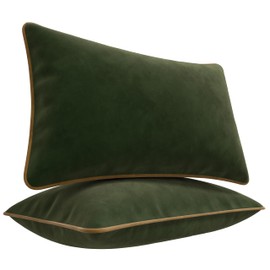 Blau Marité Decorative Velvet Throw Pillow Covers with Trim. Soft Velvet Decorative Pillow Cases. Velvet Cushion Covers. Contrast Pipping.(Green and Camel, 12"x20")