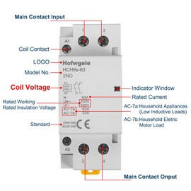 Hofwgele HCH8s-63 Household AC Contactor 63A 2 Pole Two Normally Open 110V/120V Coil Voltage 35 mm DIN Rail Mount