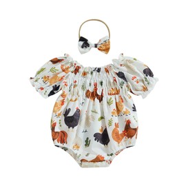 KMBANGI Newborn Baby Girl Farm Romper Chicken Print Short Sleeve Button Headband Jumpsuit 2PCS Set Summer Infant Bodysuit (White, 6-12 Months)