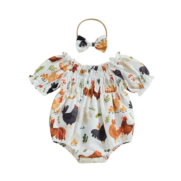 KMBANGI Newborn Baby Girl Farm Romper Chicken Print Short Sleeve