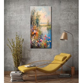 ZOMNAI Vertical Landscape of Vintage Art Painting Colorful Flower on Meadow by Lake Water Wall Art Decor Artwork for Bedroom (24x48 Inches)