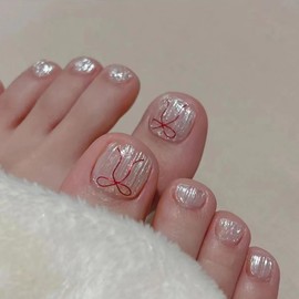Cute Square Fake Toenails Glossy Glitter Sliver Pink Press on Toenails Solid Color Short Acrylic False Toes Nails with Red Bow Designs Artificial Beach Full Cover Toenail for Women and Girls 24Pcs