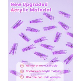 60PCS Purple Clothes Pins for Baby Shower Games Girl, Transparent Acrylic Clothes Pin Bulk, 1.4'' Mini Clothespins for Photos, DIY Crafts, Baby Shower Game Prop/Party Favors/Decorations