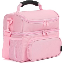 FlowFly - Bolsa de almuerzo con aislamiento de doble capa para adultos, bolsa grande para hombres y mujeres, con correa ajustable, bolsillo frontal y bolsillos laterales de malla grandes, color rosa