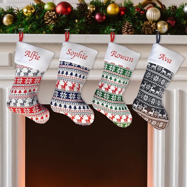 Personalised Christmas Stockings – Custom Knit Fair Isle Embroidered Christmas Stocking with Name Satin Lining - Choose from 4 Designs (40cm) Xmas Decoration Family Adults (Red)