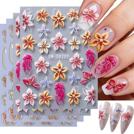 4 Sheets Spring Summer Flower Nail Stickers 5D Embossed Self Adhesive Nail Art Stickers 5D Colorful Flower Nail Decals Floral Bow Jellyfish Starfish Nail Art Supplies for Women Girls DIY Manicure