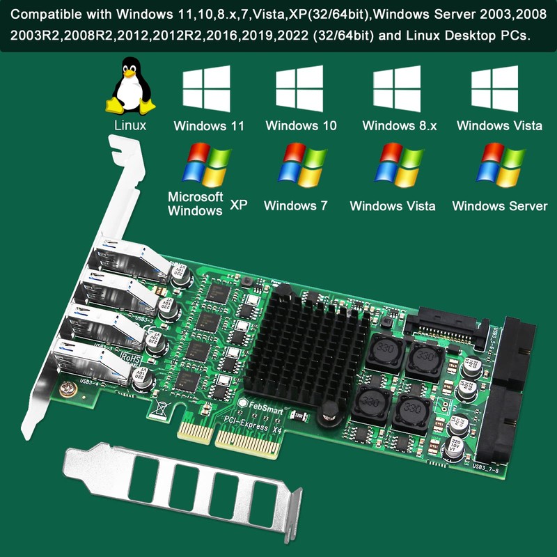 FebSmart Tarjeta PCIE Superspeed 5Gbps USB 3.0 de 8 puertos