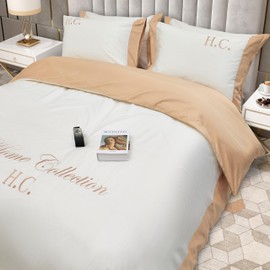 Bedlovesoft 100% Cotton Double Bed Linen 5 Pcs King Size | 4 Pillowcases Satin Duvet Cover Linen - Embroidery | Ultra Soft Breathable and Shrink Free - White, Beige Bedding