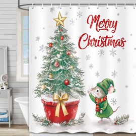 Hajmsug Christmas Shower Curtains Merry Xmas Green Christmas Tree Winter White Snow Gold Stars Red Scarf Bathroom Shower Curtain Xmas Holiday Bathroom Curtain 71X71 Inch with Hooks