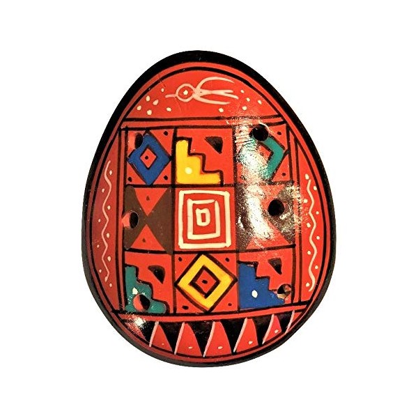 Ocarina Clay Whistle Red Geometric Design From Peru