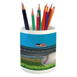 Lunarable Baseball Pencil Pen Holder, Outdoorsy Sports with Ball Game in the Field United States Flag Illustration, Ceramic Pencil Holder for Desk Office Accessory, 3.6" X 3.2", Multicolor