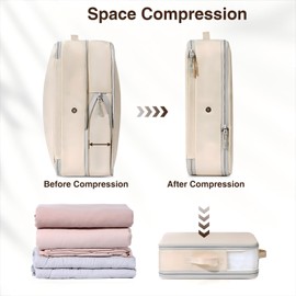 Homsorout Ultra Space Saving Compression Organisers - Set of 6, Large Capacity Expandable Storage Bags for Bedding & Clothing Packing Cubes with Clear Window, Beige