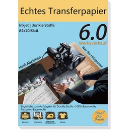TransOurDream Real Inkjet Transfer Film, Iron-On Film for Dark Textiles, for Heat Press, DIN A4 x 20 Sheets, T-Shirt Paper for Dark T-Shirts (D-3-6.0-20)