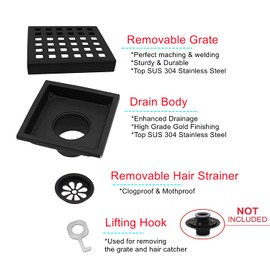 Glorisey 4 inch Square Shower Drain with Removable Cover Grid Grate,SUS 304 Stainless Steel Tile in Floor Drain,Matte Black