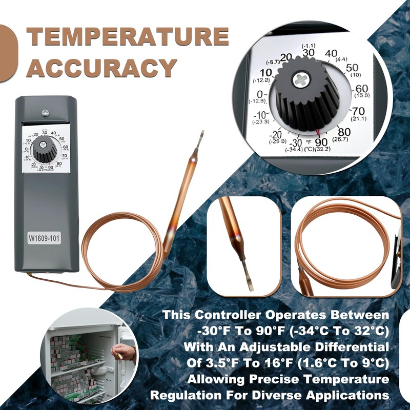 W1609-101 Refrigeration Thermostat Temperature Controller with Remote Bulb & 5