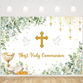 MEHOFOND First Holy Communion Backdrop Greenery God Bless Baptism Christening Party Decorations Green Eucalyptus Baby Shower Party Banner Photo Shoot Props 7x5ft