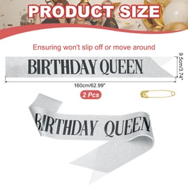PATIKIL Birthday Girls Sash, 2 Pcs Glitter Birthday Sash for Women Satin Queen Sash Party Decorations with Safety Pin for Party Gifts Favors, Silver
