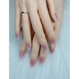 Duotaoii Short Press On Nails Coffin Fake Nails Handmade False Nails Gradient Pink to White Nail Charms designs, French Tip Acrylic Nail Kit Gel Nails, Reusable Stick on Nails for Women 10pcs S