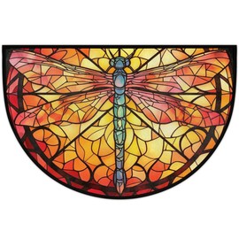 Half Round Door Mat,24" x 36",Stained Glass Dragonfly Welcome Entrance Mat