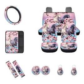 FUIBENG 12 Pcs Pink Cherry Blossom Horse Car Seat Covers Full Set,Car Protectors,Universal Fit Front Back Seat Cushion/Seatbelt/Steering Wheel Cover/Anti Slip Coaster/Keychains for Cars SUV Truck