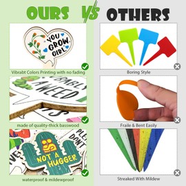 JUYRLE Funny Wooden Plant Labels - 15 Pack Tags for Succulents, Flowers, Greenery; Waterproof, Outdoor Garden Plant Markers; Perfect Gifts for Plant Lovers