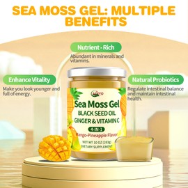 ACEYO Sea Moss Gel 4-in-1, Irish SeaMoss with Black Seed Oil & Ginger,Rich in Minerals & Vitamins,Immunity & Health Support,Non-GMO, Vegan,Mango Pineapple Flavor,10 oz (Pack of 1)