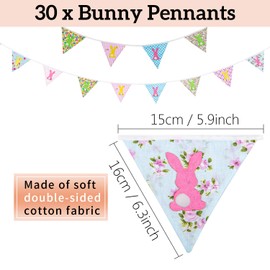 Whaline Easter Fabric Bunting Banner, Double Sided Flags Garland with Felt Bunny, 33 Feet Vintage Floral Pennants for Easter Birthday Parties Baby Shower Home Decoration